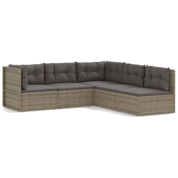 vidaXL 5-delige Loungeset met kussens poly rattan grijs