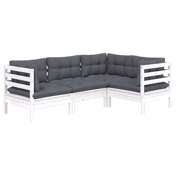 vidaXL 4-delige Loungeset met kussens grenenhout wit
