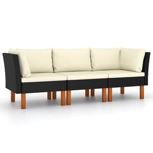 vidaXL Tuinbank 3-zits met kussens poly rattan zwart