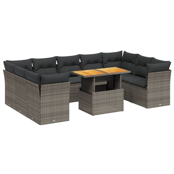 vidaXL 10-delige Loungeset met kussens poly rattan grijs