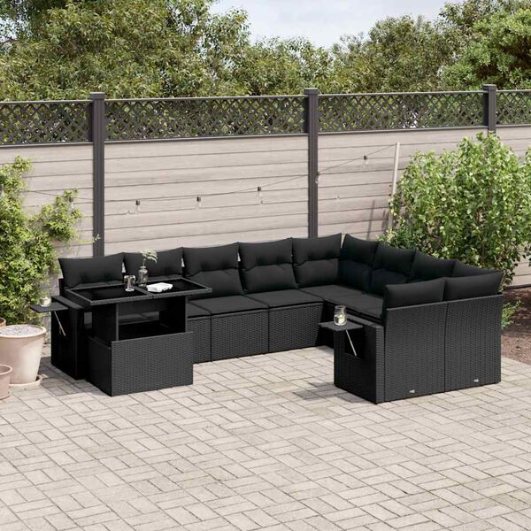 vidaXL 10-delige Loungeset met kussens poly rattan zwart