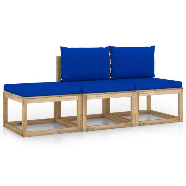 vidaXL 3-delige Loungeset met blauwe kussens