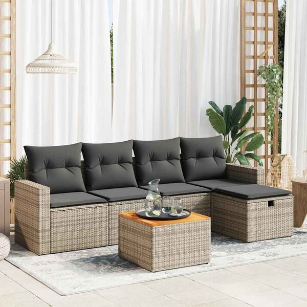 vidaXL 6-delige Loungeset met kussens poly rattan grijs