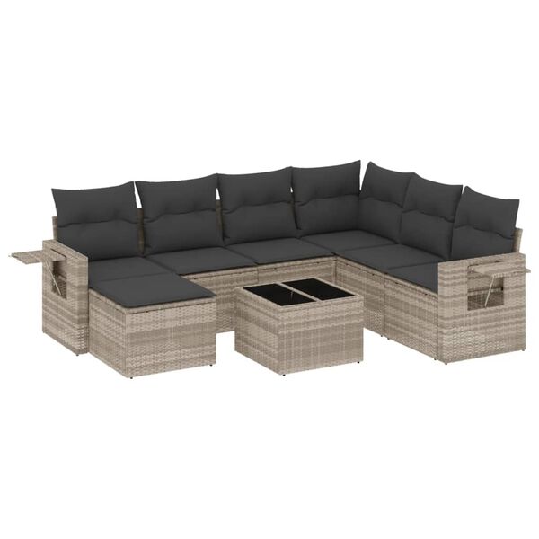 vidaXL 8-delige Loungeset met kussens poly rattan lichtgrijs