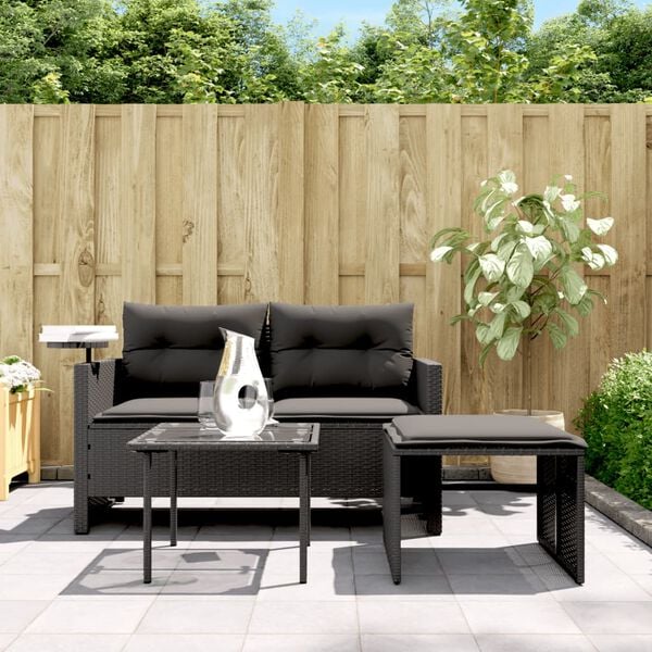 vidaXL 3-delige Loungeset met kussens poly rattan zwart