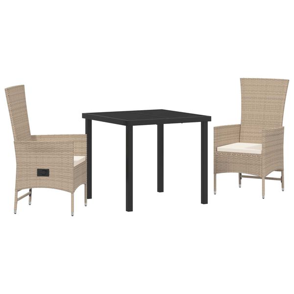 vidaXL Tuin eettafelset met kussen 3 pcs Beige poly rattan