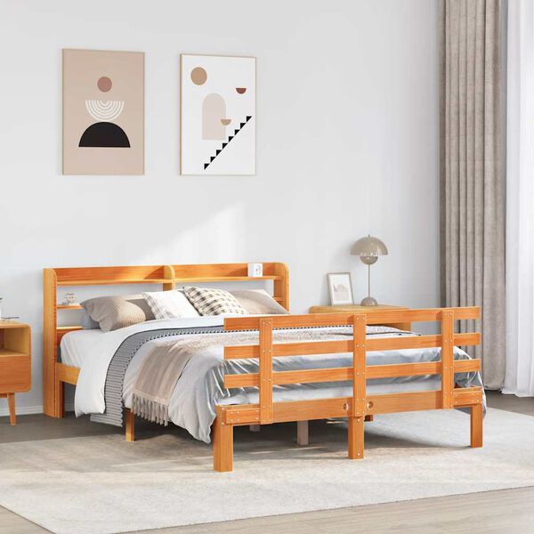 vidaXL Bedframe met hoofdbord massief grenenhout wasbruin 150x200 cm
