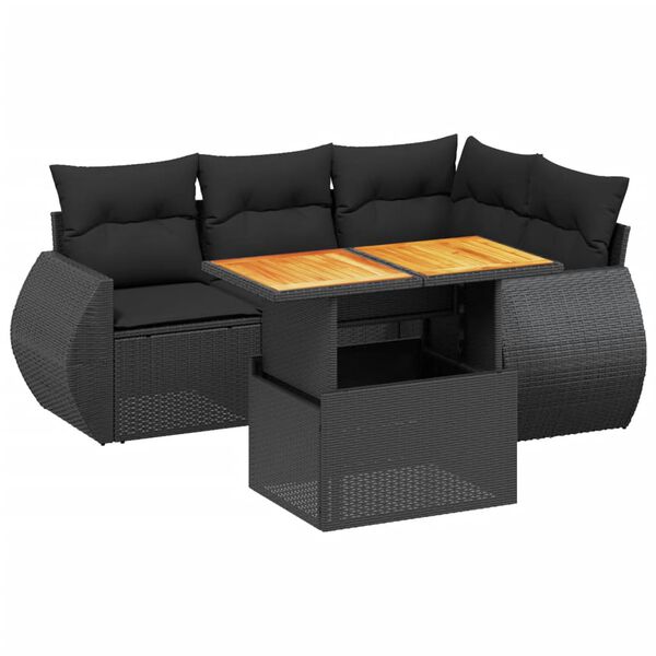 vidaXL 5-delige Loungeset met kussens poly rattan zwart