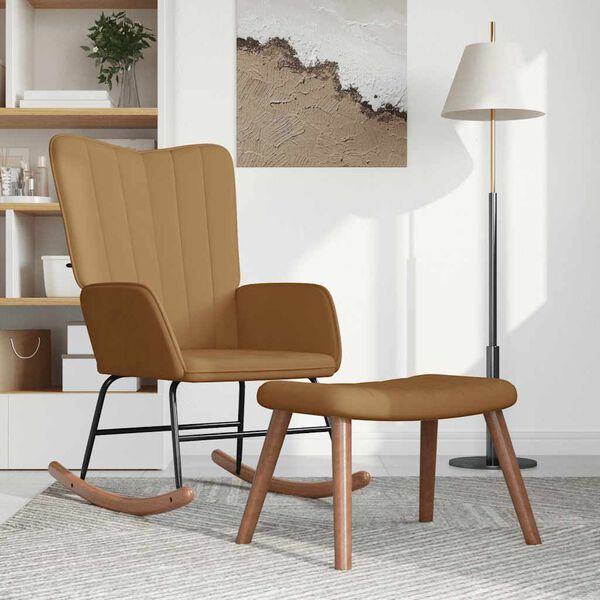 vidaXL Schommelstoel met voetenbank fluweel bruin