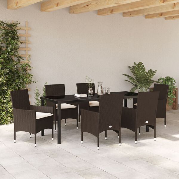 vidaXL Tuin eettafelset met kussen 7 pcs Bruin poly rattan