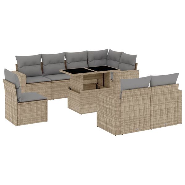 vidaXL 9-delige Loungeset met kussens poly rattan beige