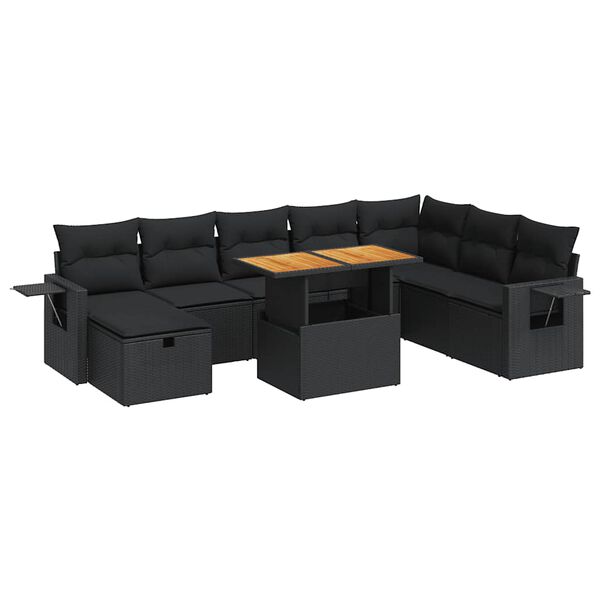 vidaXL 9-delige Loungeset met kussens poly rattan acacia zwart