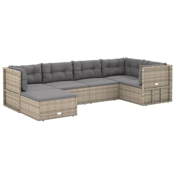 vidaXL 6-delige Loungeset met kussens poly rattan grijs