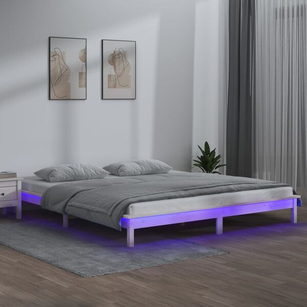 vidaXL Bedframe LED massief hout wit 135x190 cm