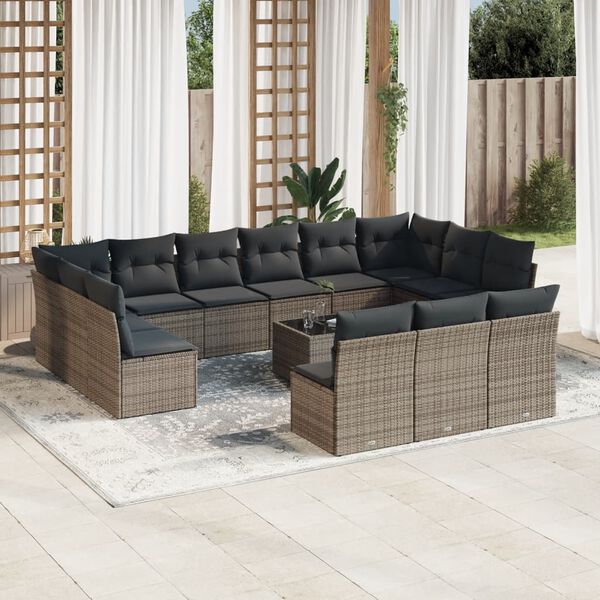 vidaXL 14-delige Loungeset met kussens poly rattan grijs