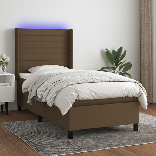 vidaXL Boxspring met matras en LED stof donkerbruin 90x190 cm