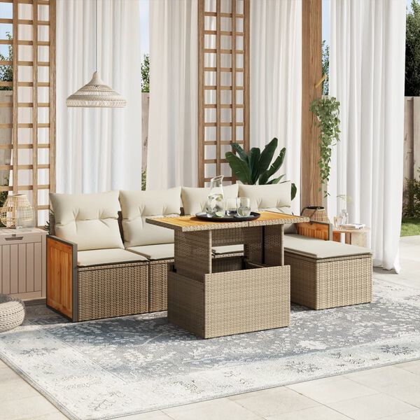 vidaXL 6-delige Loungeset met kussens poly rattan beige