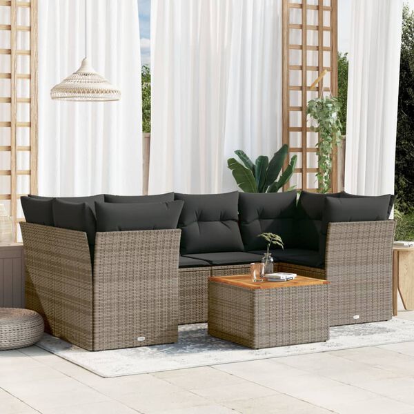 vidaXL 7-delige Loungeset met kussens poly rattan grijs