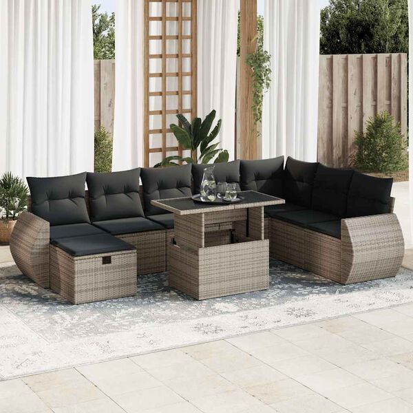vidaXL 9-delige Loungeset met kussens poly rattan grijs