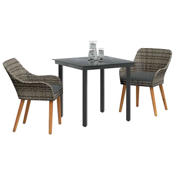 vidaXL Tuin eettafelset met kussen 3 pcs Grijs poly rattan