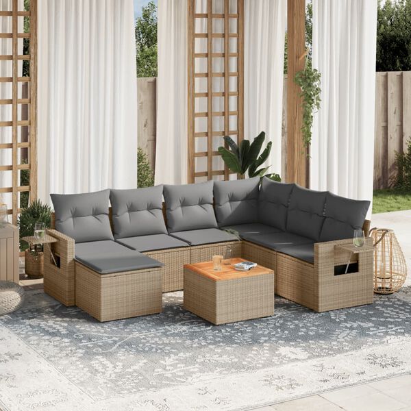 vidaXL 8-delige Loungeset met kussens poly rattan beige