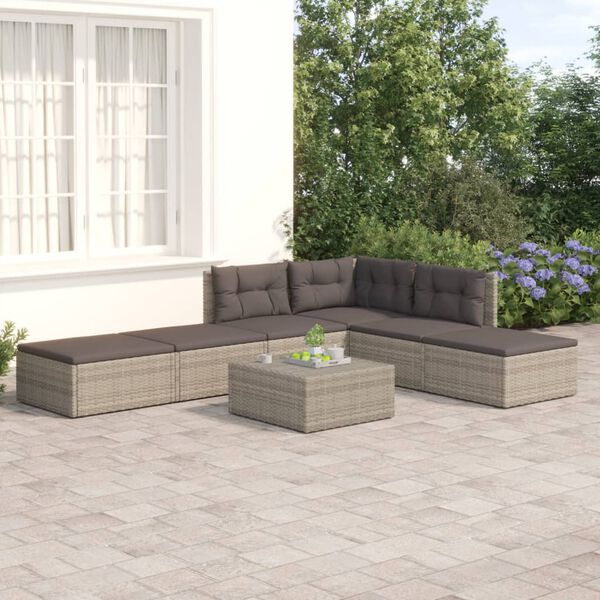 vidaXL 6-delige Loungeset met kussens poly rattan grijs