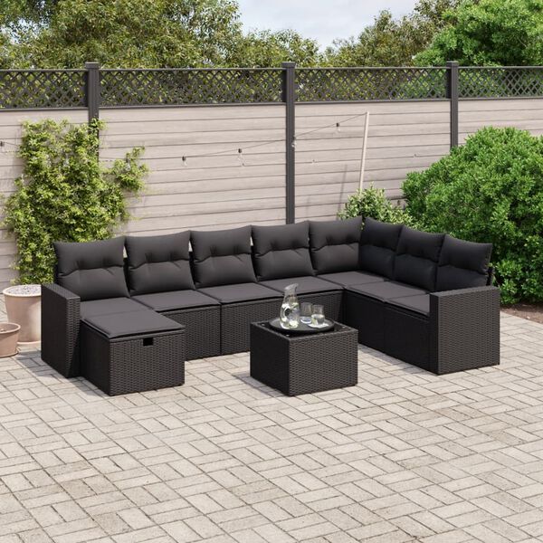vidaXL 8-delige Loungeset met kussens poly rattan zwart
