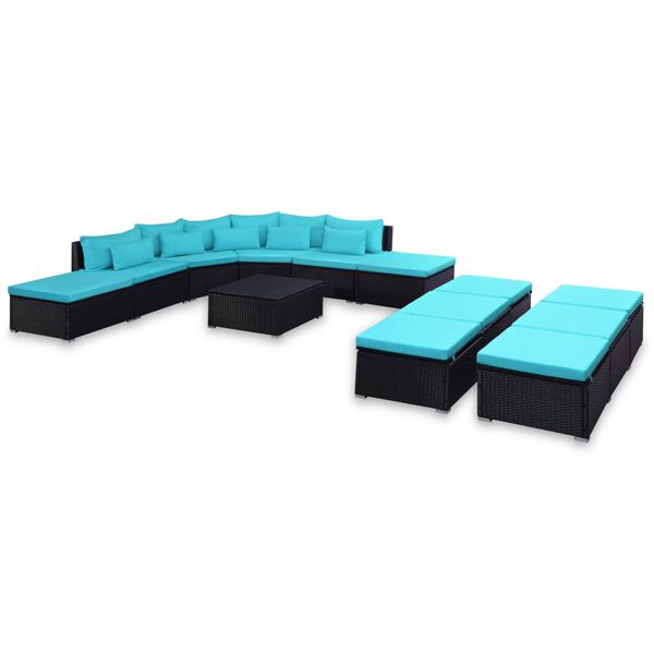 vidaXL 9-delige Loungeset met kussens poly rattan blauw