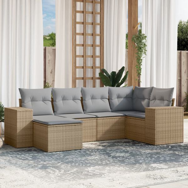 vidaXL 6-delige Loungeset met kussens poly rattan beige