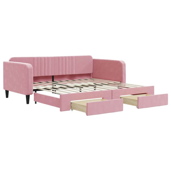 vidaXL Slaapbank met onderschuifbed en lades 100x200 cm fluweel roze