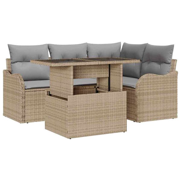 vidaXL Buiten eetset met kussen 5 pcs Beige Poly riet