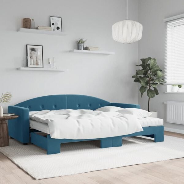 vidaXL Slaapbank onderschuifbed en matrassen 80x200 cm fluweel blauw