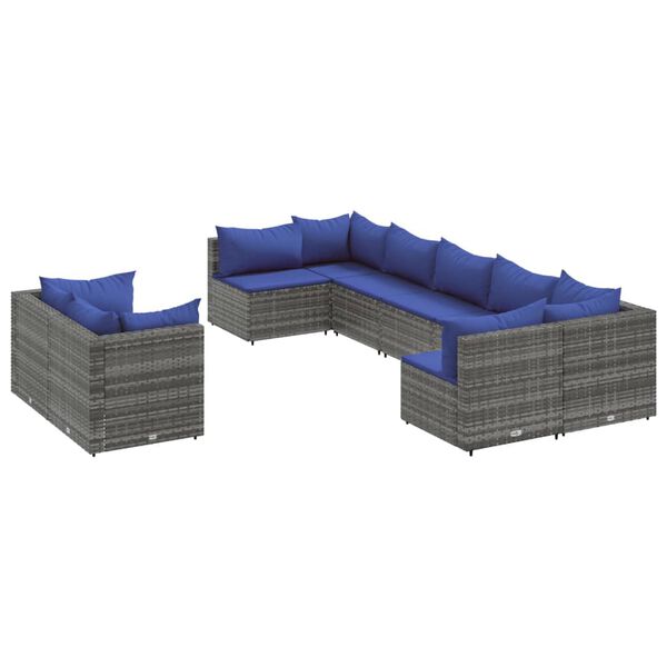 vidaXL 9-delige Loungeset met kussens poly rattan grijs