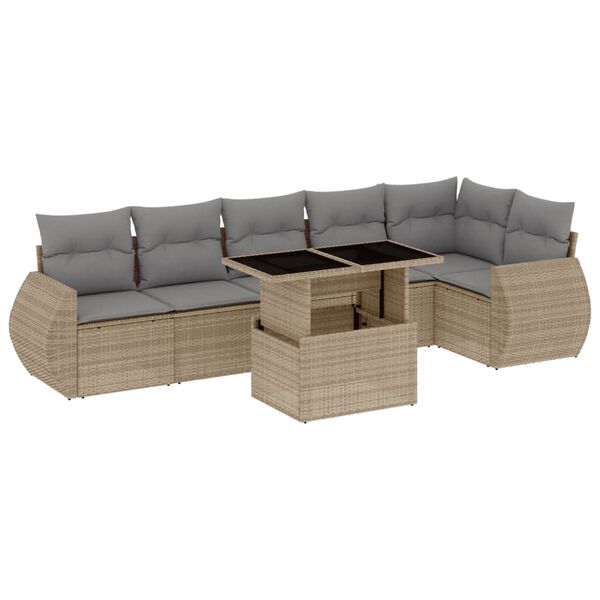 vidaXL 7-delige Loungeset met kussens poly rattan beige