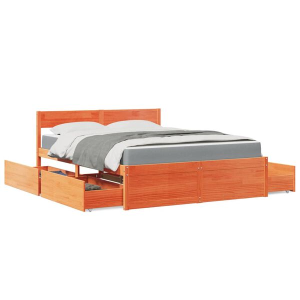 vidaXL Bed met lades en matras massief grenenhout wasbruin 160x200 cm