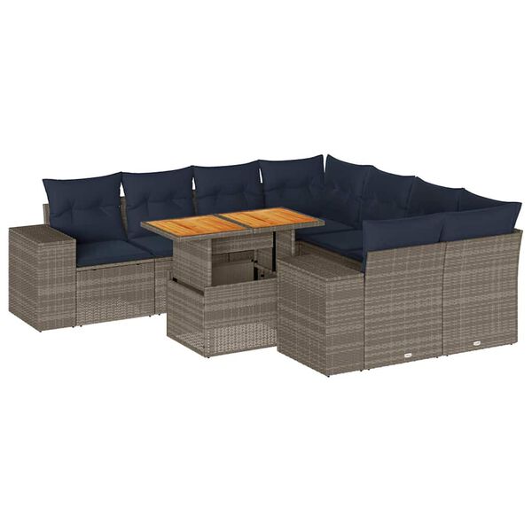 vidaXL 9-delige Loungeset met kussens poly rattan grijs
