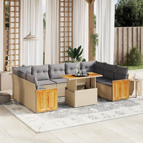 vidaXL 10-delige Loungeset met kussens poly rattan beige