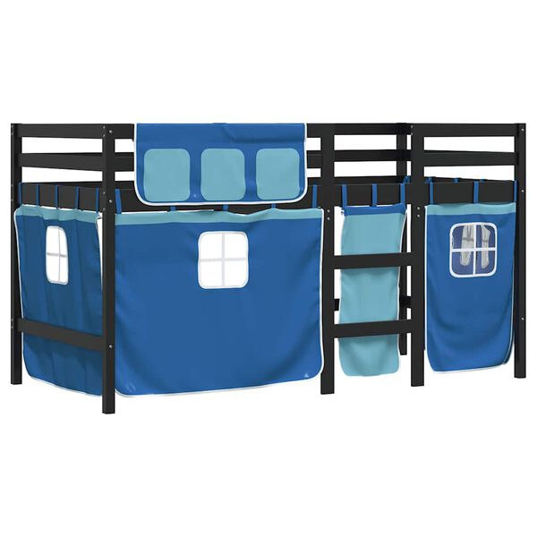 vidaXL Kinderhoogslaper met gordijnen 90x190 cm grenenhout blauw