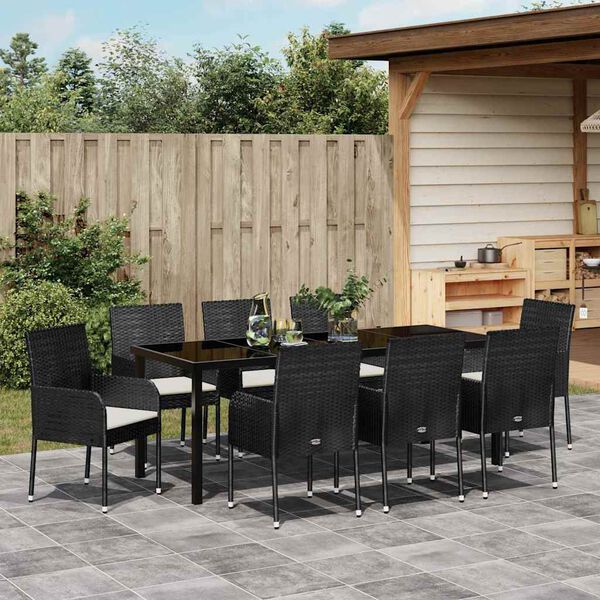 vidaXL Tuin eettafelset met kussen 9 pcs Zwart poly rattan