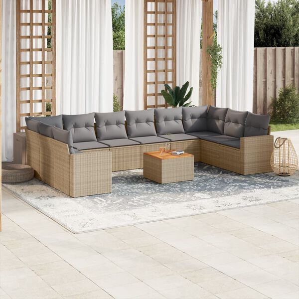 vidaXL 11-delige Tuinset met kussens poly rattan beige
