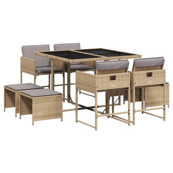 vidaXL 9-delige Tuinset met kussens poly rattan gemengd beige