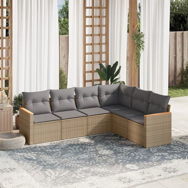 vidaXL 6-delige Loungeset met kussens poly rattan gemengd beige