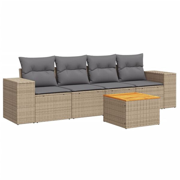 vidaXL 5-delige Loungeset met kussens poly rattan beige