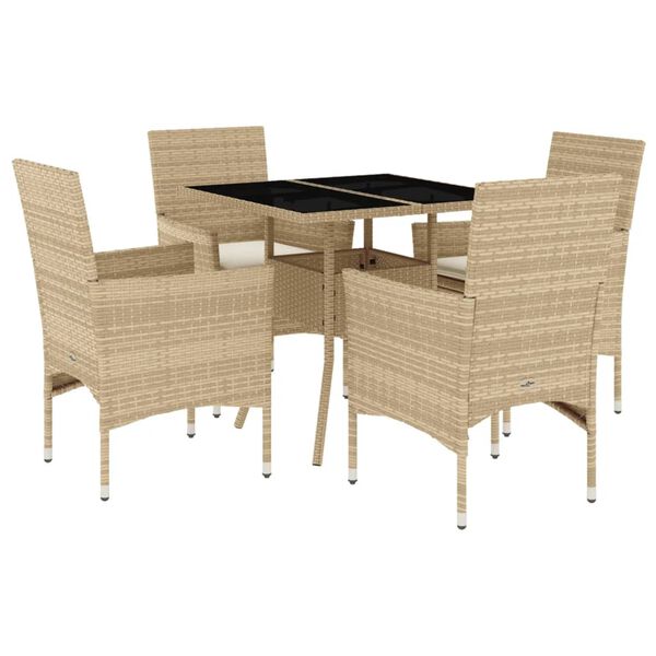 vidaXL 5-delige Tuinset met kussens poly rattan en glas beige