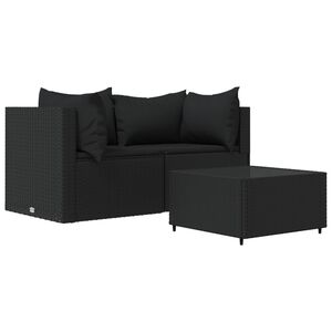 vidaXL 3-delige Loungeset met kussens poly rattan zwart