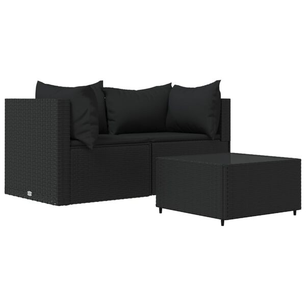vidaXL 3-delige Loungeset met kussens poly rattan zwart