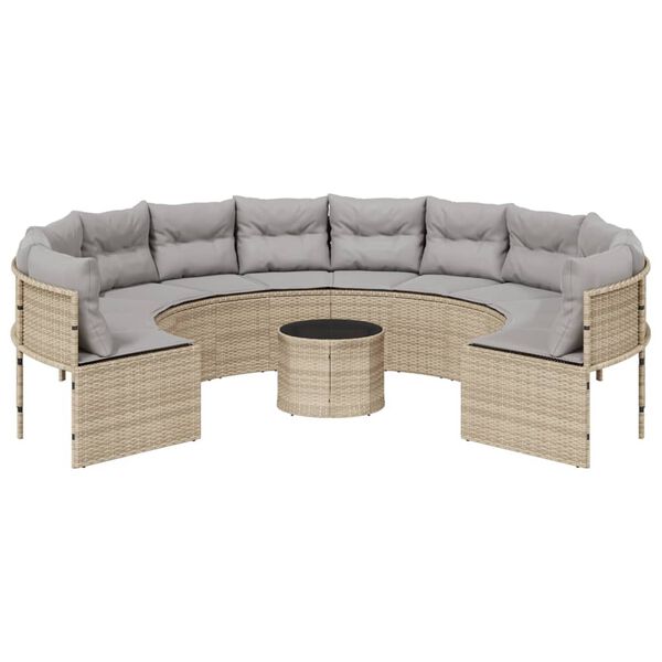 vidaXL Tuinbank met tafel en kussens rond poly rattan beige