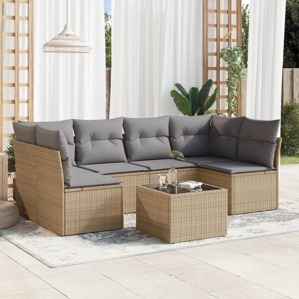 vidaXL 7-delige Loungeset met kussens poly rattan beige