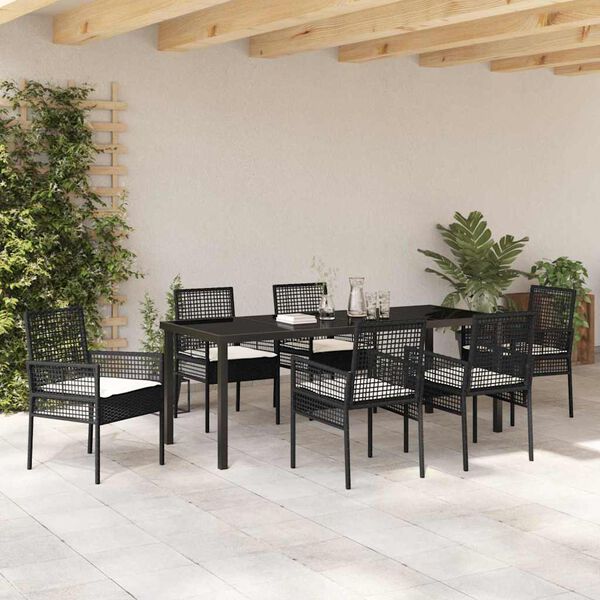 vidaXL Tuin eettafelset met kussen 7 pcs Zwart poly rattan