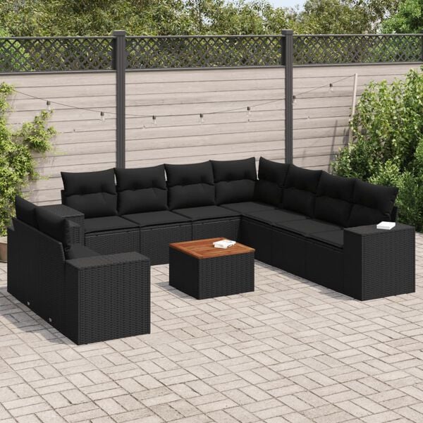 vidaXL 10-delige Loungeset met kussens poly rattan zwart